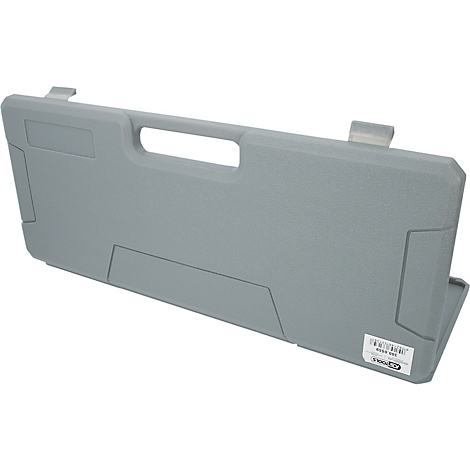 Graue Werkzeugkiste mit Griff und Barcode-Etikett. Geometrische Formen und Details.